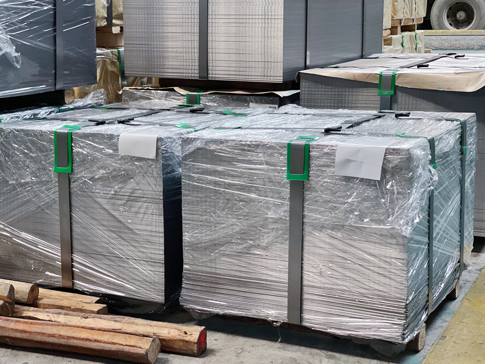 Processed steel sheets packaged and ready for delivery