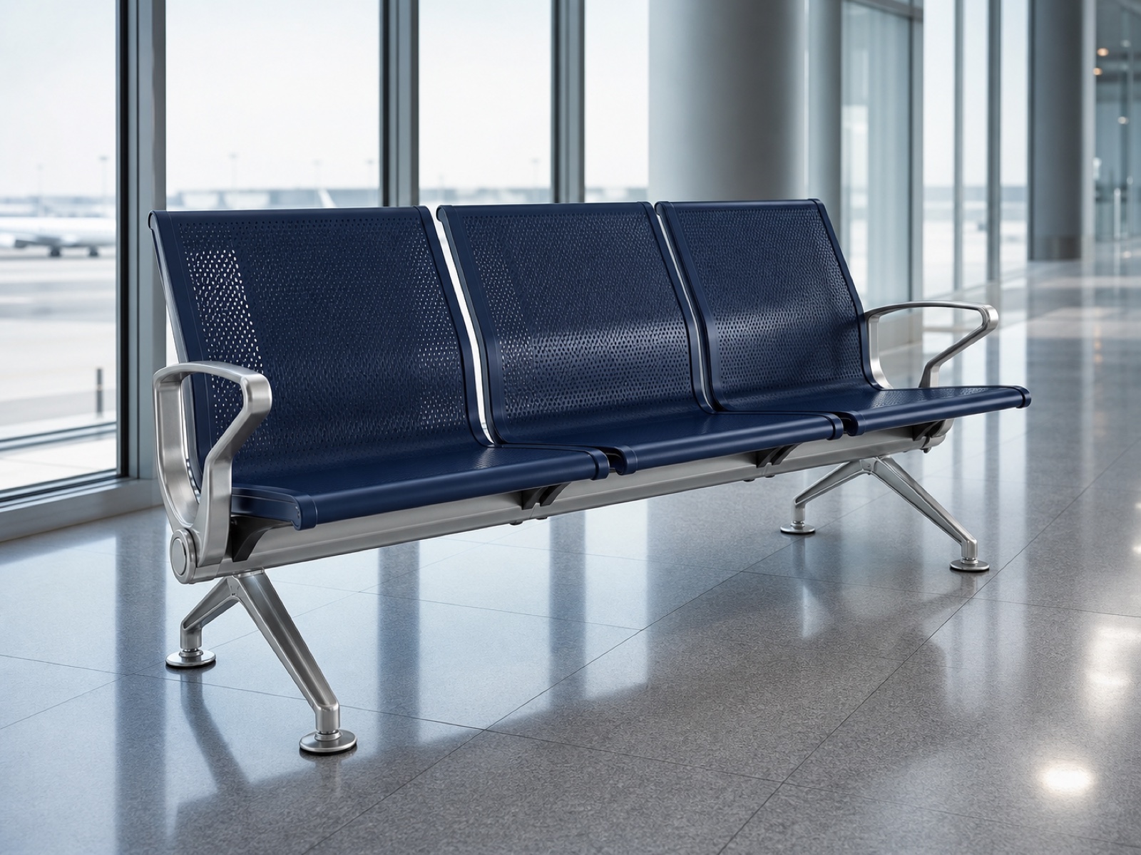 Engineered airport seating with steel plate shells and a tubular support beam