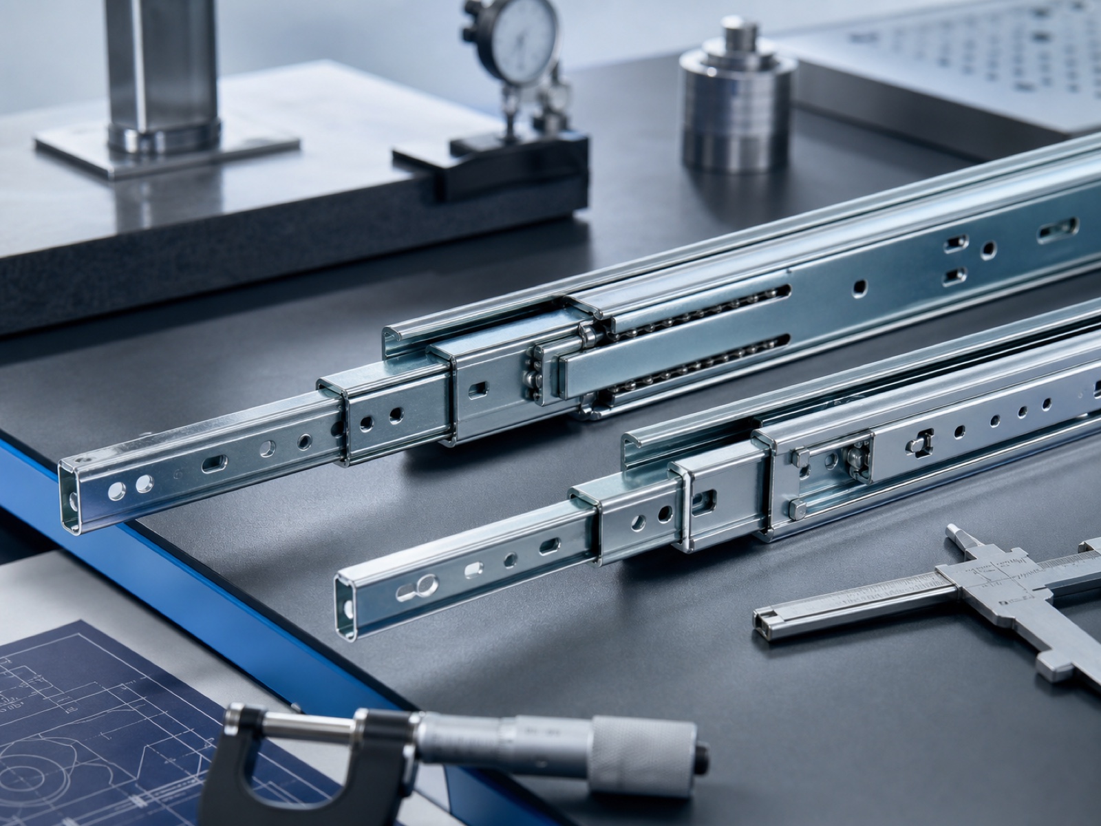 Precision telescopic drawer slides with formed rails and ball-bearing channels