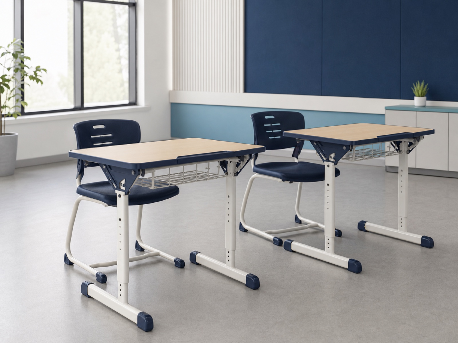 Adjustable classroom desk and chair with steel frames and storage basket