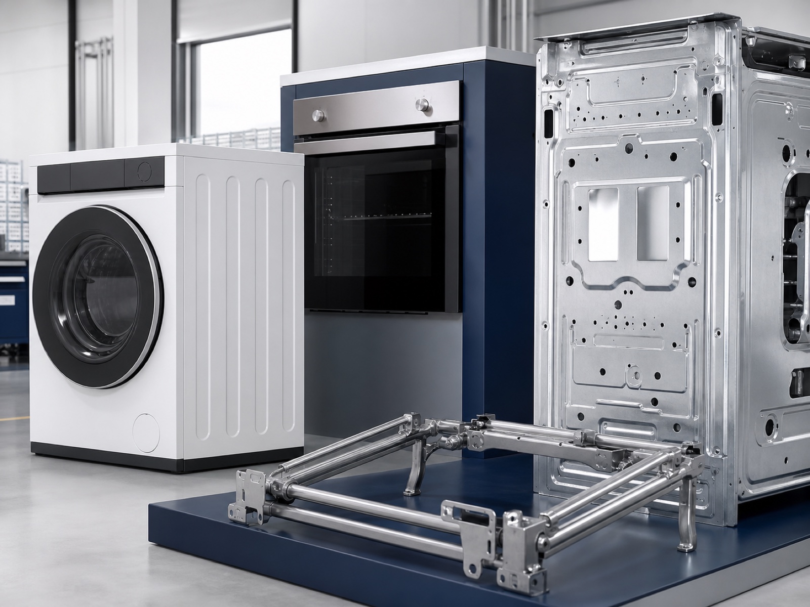 Finished home appliances and a formed steel appliance chassis