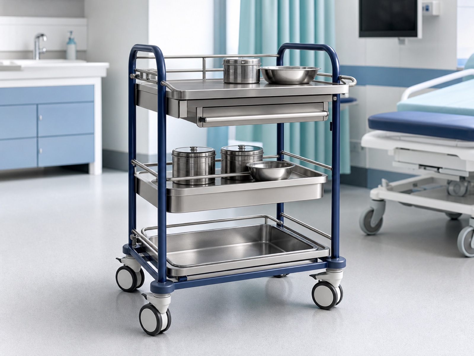 Mobile clinical equipment trolley with formed trays and welded steel rails