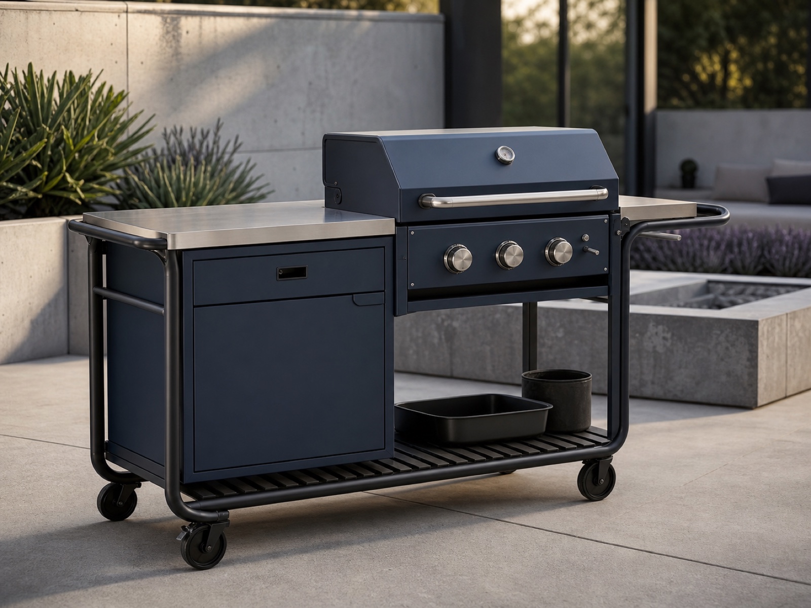 Finished outdoor cooking equipment using steel tube and sheet components