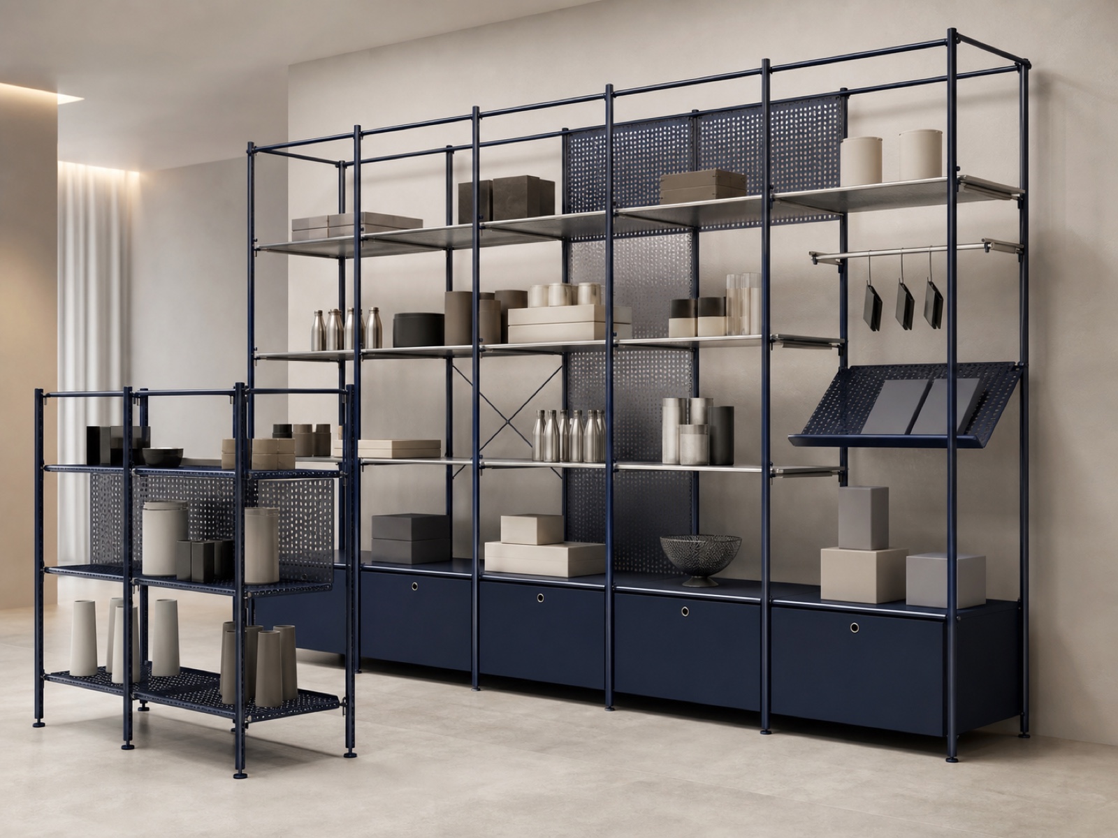 Finished retail display shelving made from engineered steel frames