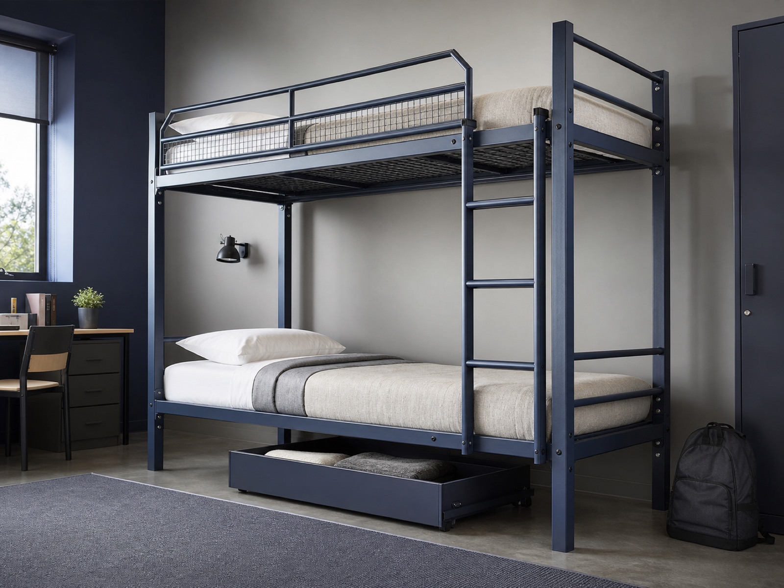 Modular student bunk bed with welded steel frame, guardrail and mesh platforms