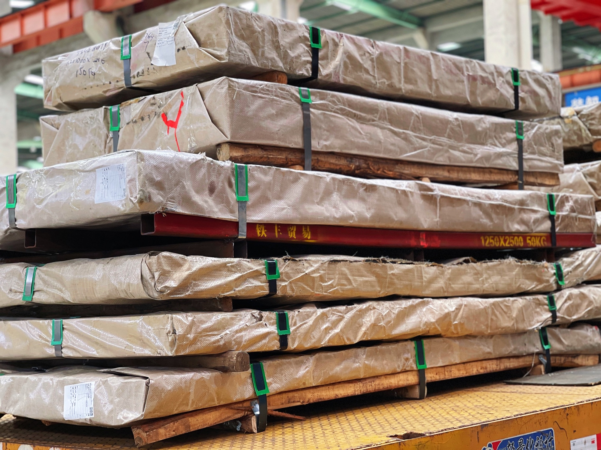 Protected steel sheet packages ready for shipment
